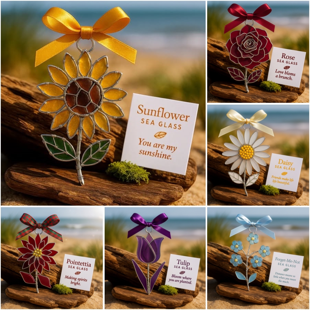 🎄The "Coastal Blooms" Collection: Handmade Sea Glass Flower Ornaments with Meaning Card