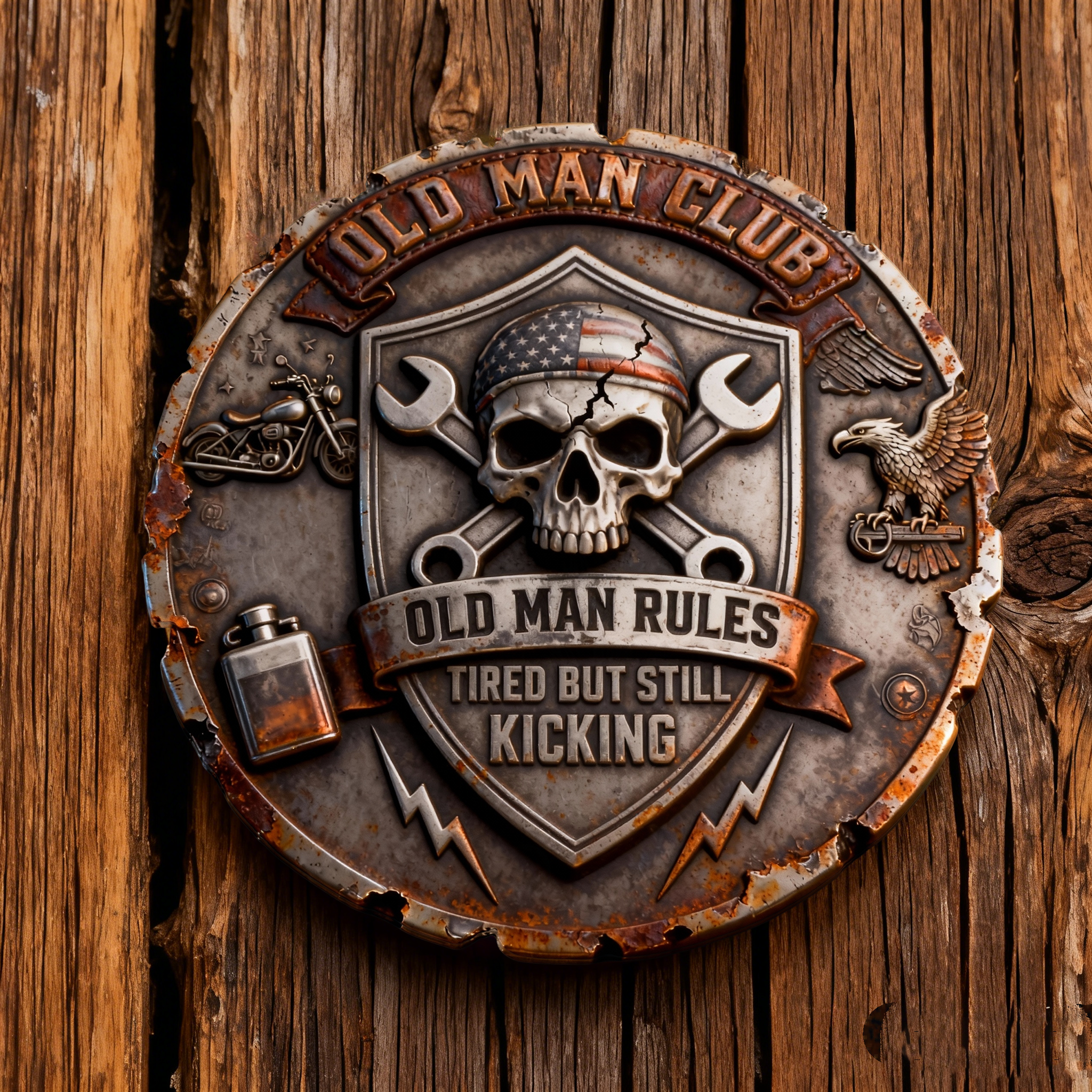 “Old Man Club Collector Coin — Rusted, Rugged, Unbreakable”