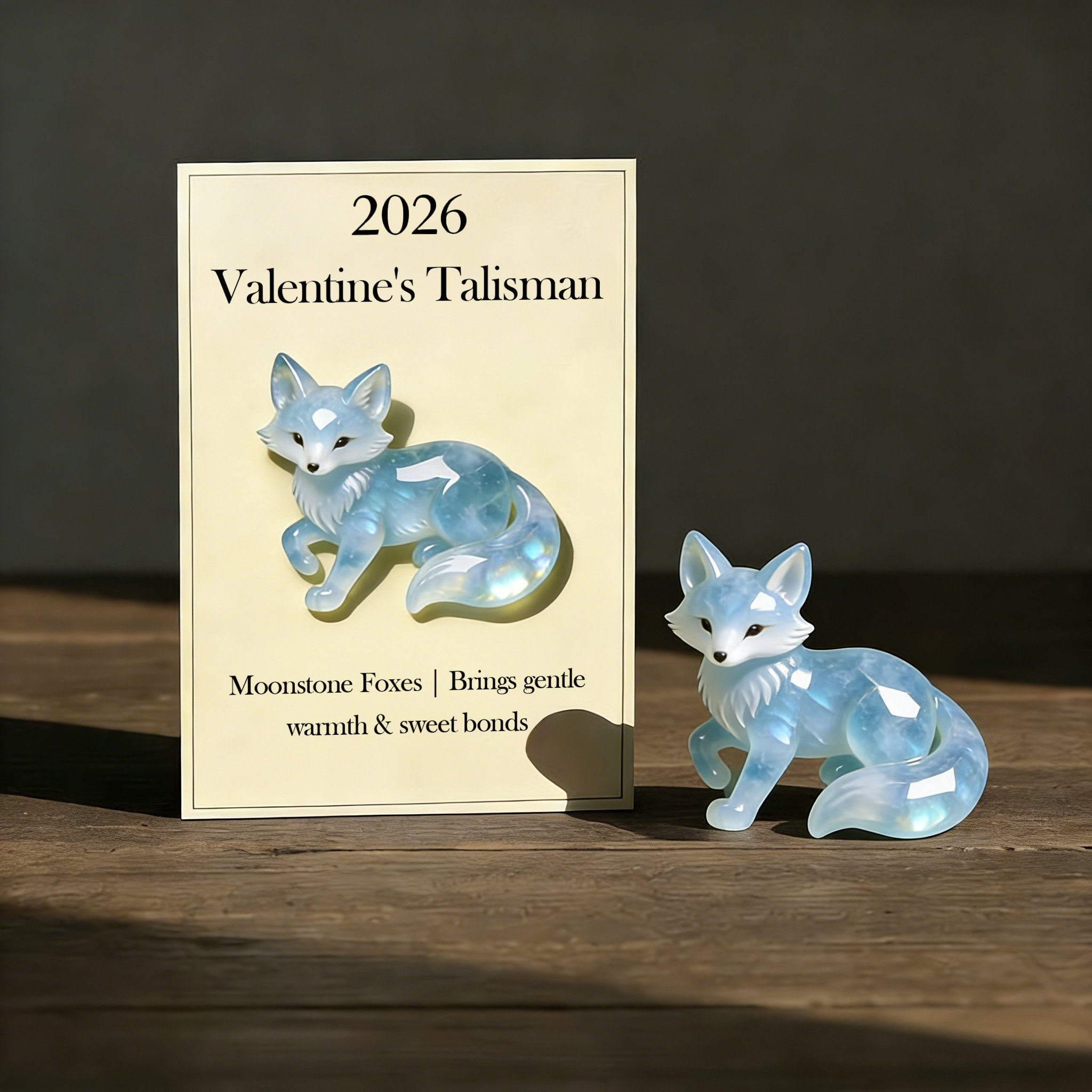 🦊🩵 Hand-Carved & Hand-Painted Moonstone Fox Talisman 🌟 2026 Valentine‘s Symbol of Warmth & Love — Perfect for Lovers, Family & Kids!