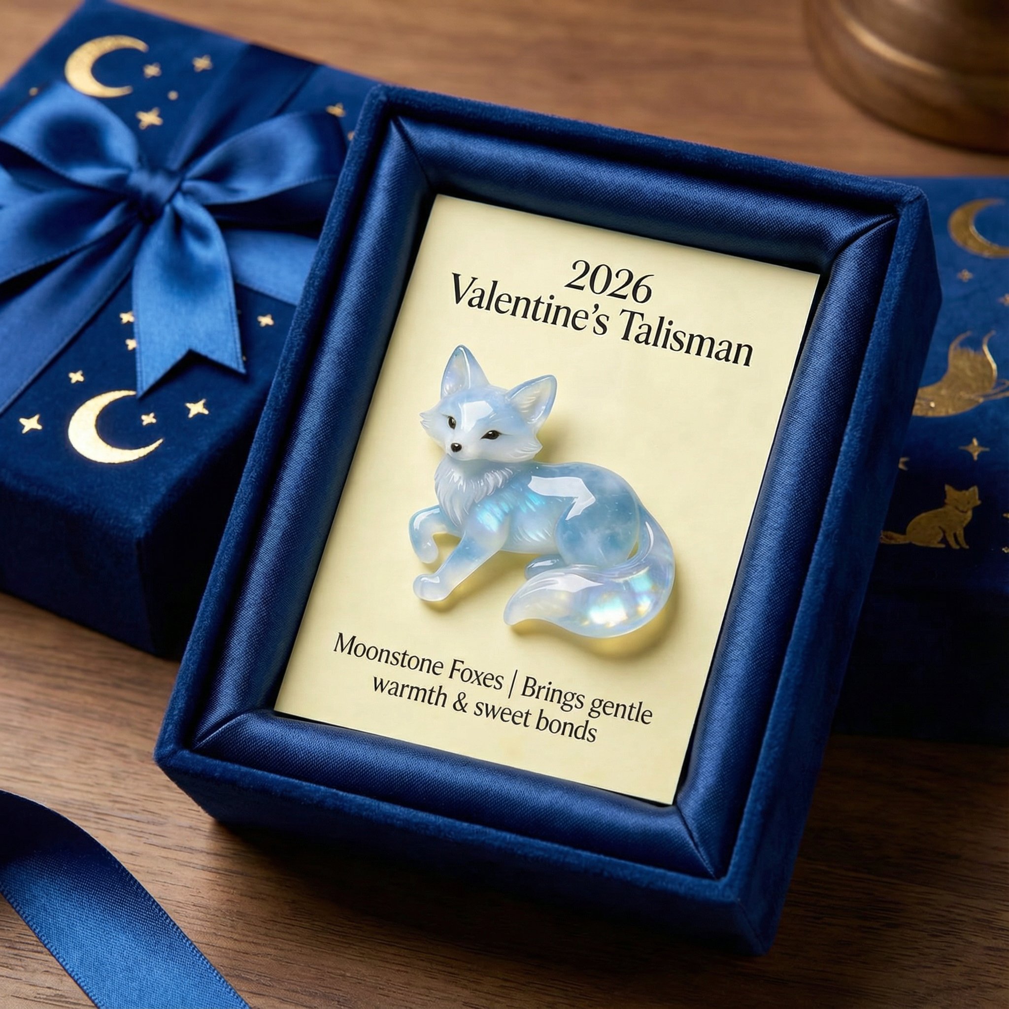 🦊🩵 Hand-Carved & Hand-Painted Moonstone Fox Talisman 🌟 2026 Valentine‘s Symbol of Warmth & Love — Perfect for Lovers, Family & Kids!