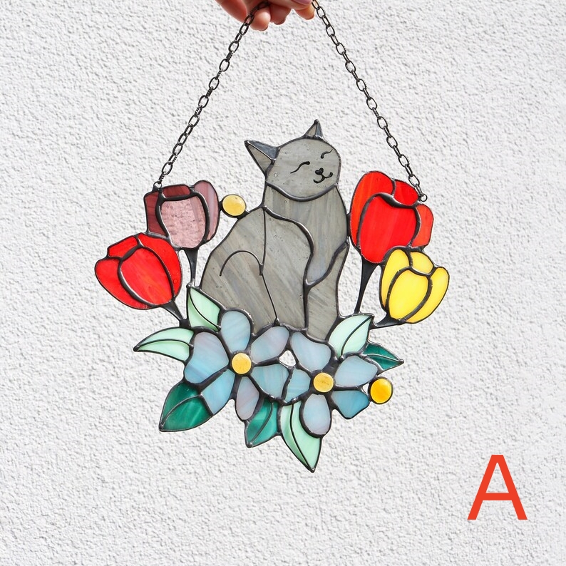 🔥🔥2025 Mother's Day Gift 50% Off--Cat in Tulip Flowers Suncatcher Ornament