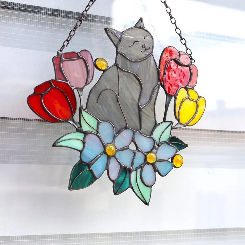 🔥🔥2025 Mother's Day Gift 50% Off--Cat in Tulip Flowers Suncatcher Ornament