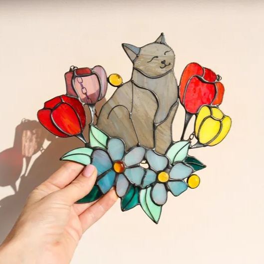 🔥🔥2025 Mother's Day Gift 50% Off--Cat in Tulip Flowers Suncatcher Ornament