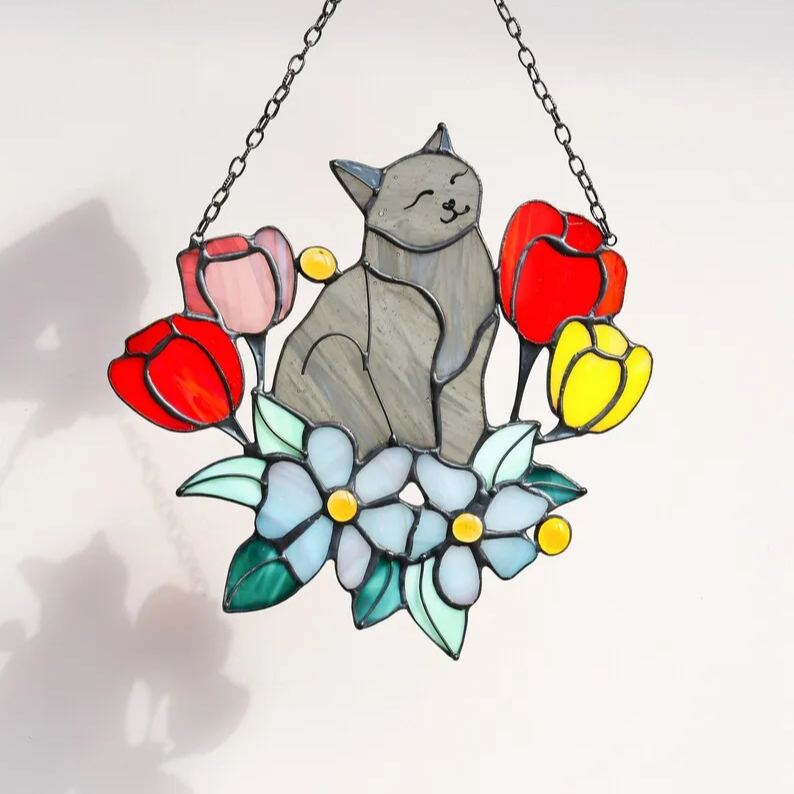 🔥🔥2025 Mother's Day Gift 50% Off--Cat in Tulip Flowers Suncatcher Ornament