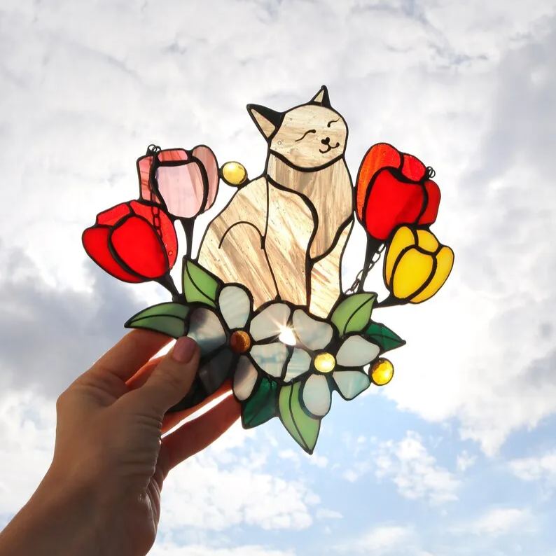 🔥🔥2025 Mother's Day Gift 50% Off--Cat in Tulip Flowers Suncatcher Ornament