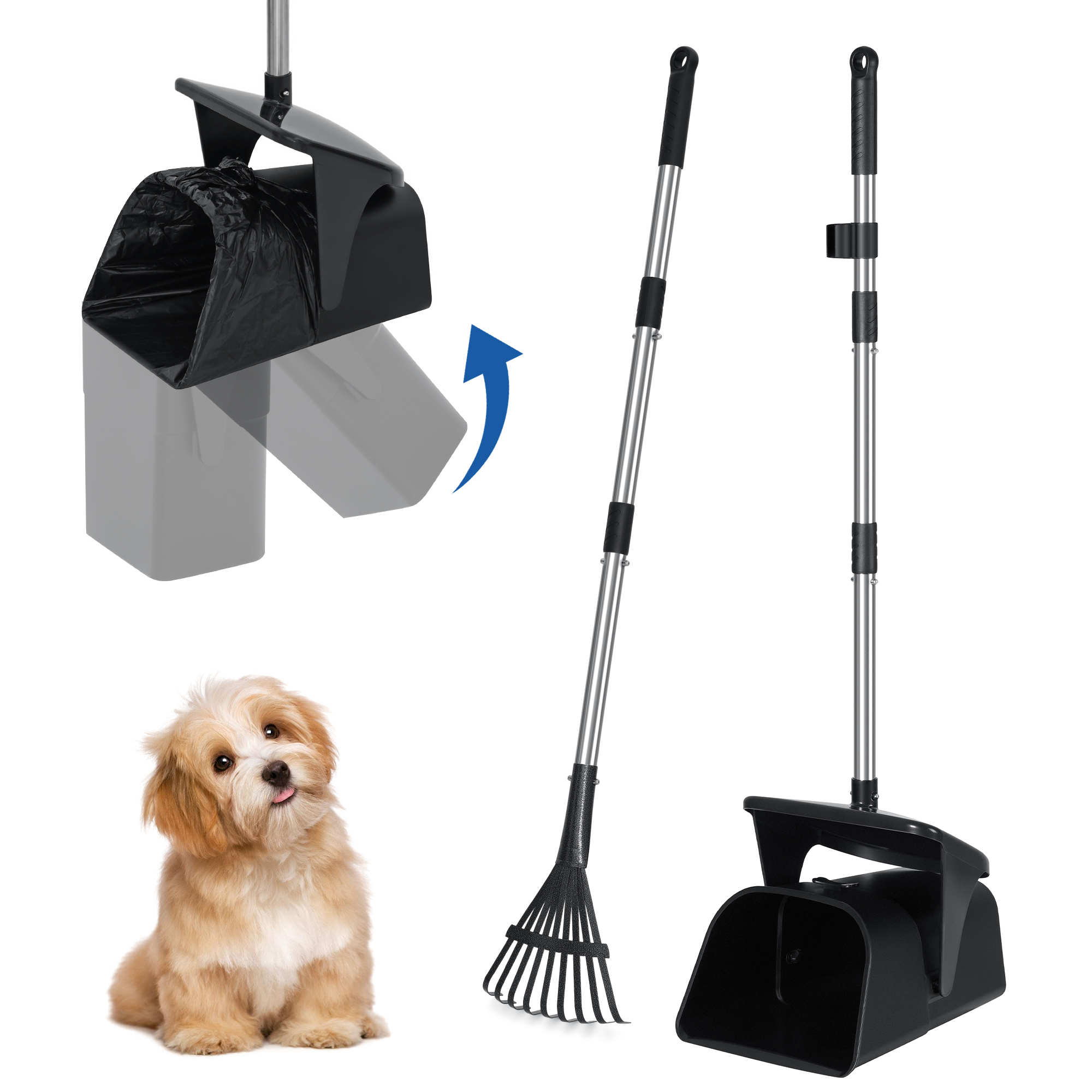 Suchown Pooper Scooper Swivel Bin & Rake Kit with 40 Waste Bags, 37" Long Handle Adjustable Dog Pooper Scooper for Large Medium Small Dogs, Portable Poop Scooper for Yard Lawn Outdoor, Easy to Clean P