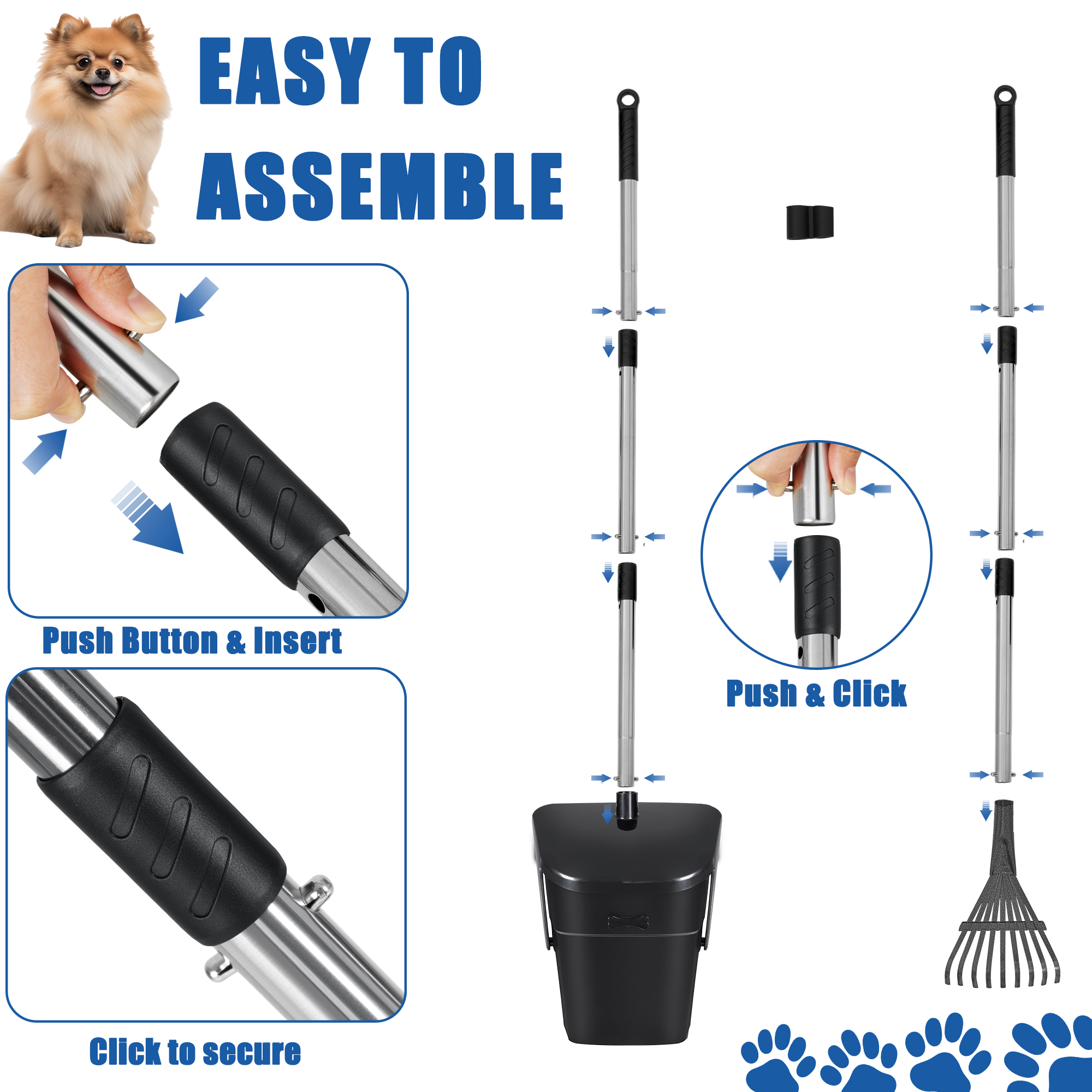 Suchown Pooper Scooper Swivel Bin & Rake Kit with 40 Waste Bags, 37" Long Handle Adjustable Dog Pooper Scooper for Large Medium Small Dogs, Portable Poop Scooper for Yard Lawn Outdoor, Easy to Clean P