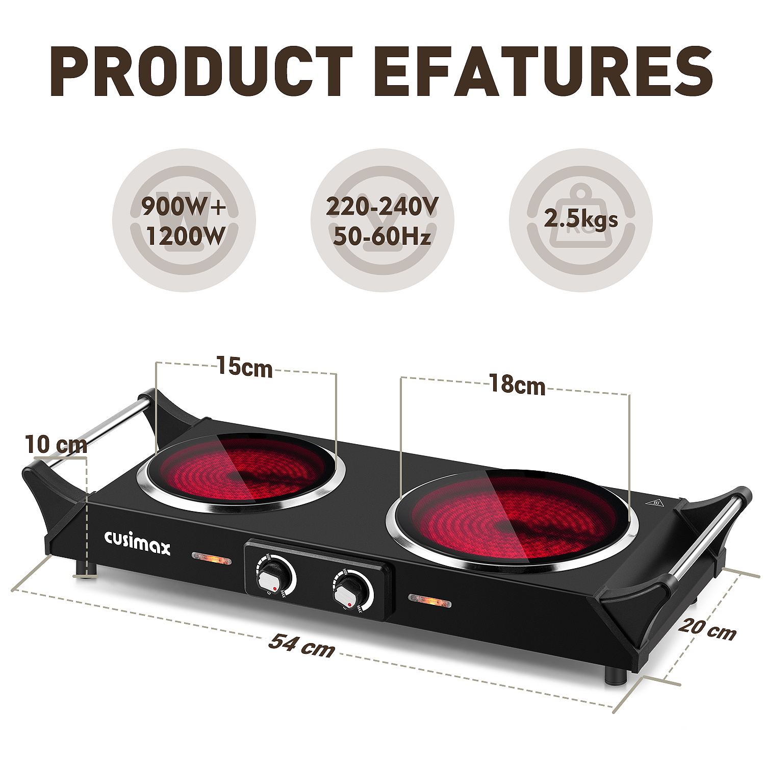 Cusimax 2100W Portable Ceramic Dual Hot Plate with Handle(UK)