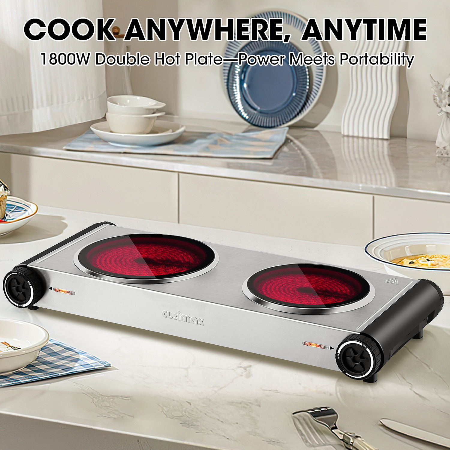 Cusimax 1800W Dual Infrared Cooktop, Portable Electric Stove for Cooking,Ceramic Glass Heating Plate, Concealed Handle,Stainless Steel Base,Easy Clean for Home, Dorm, Office