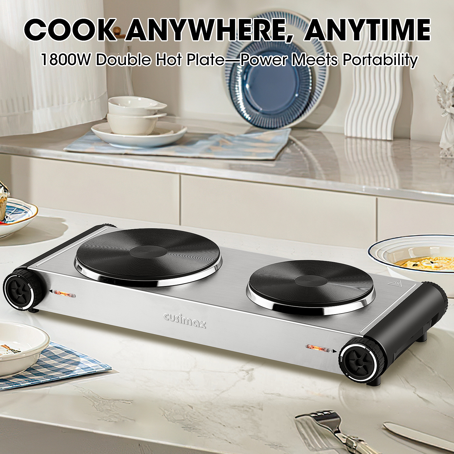 Cusimax Hot Plate,1800W Portable Electric Countertop Double Burner,Cast Iron Stove, Concealed Handle,Temperature Controls, Compatible for All Cookwares,Easy Clean, Upgraded Version