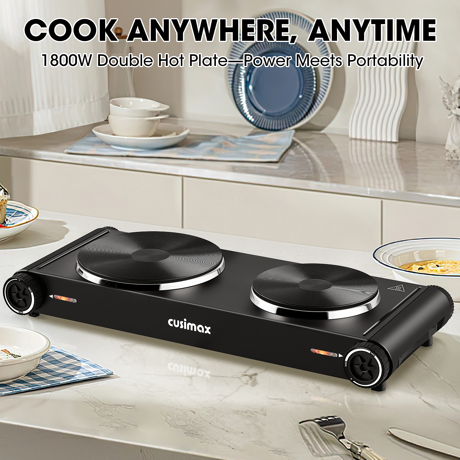 Cusimax 1800W Portable Electric Countertop Double Burner,Stainless Steel Hot Plate Cooktop with 2 Knob Control,Cast Iron Electric Stove for Cooking,Concealed Handle,Upgraded Version