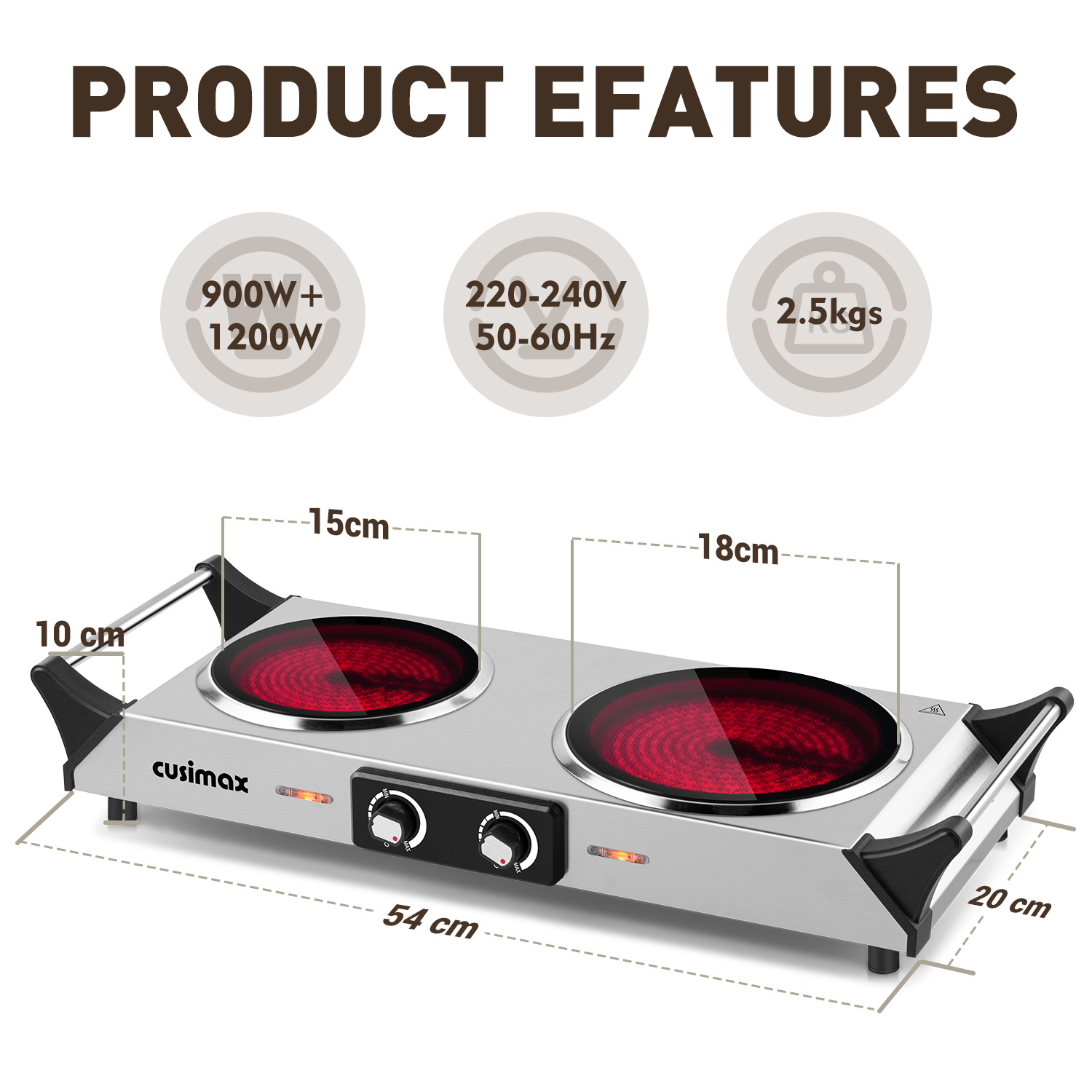 Cusimax 2100W Portable Ceramic Dual Hot Plate with Handle(UK)