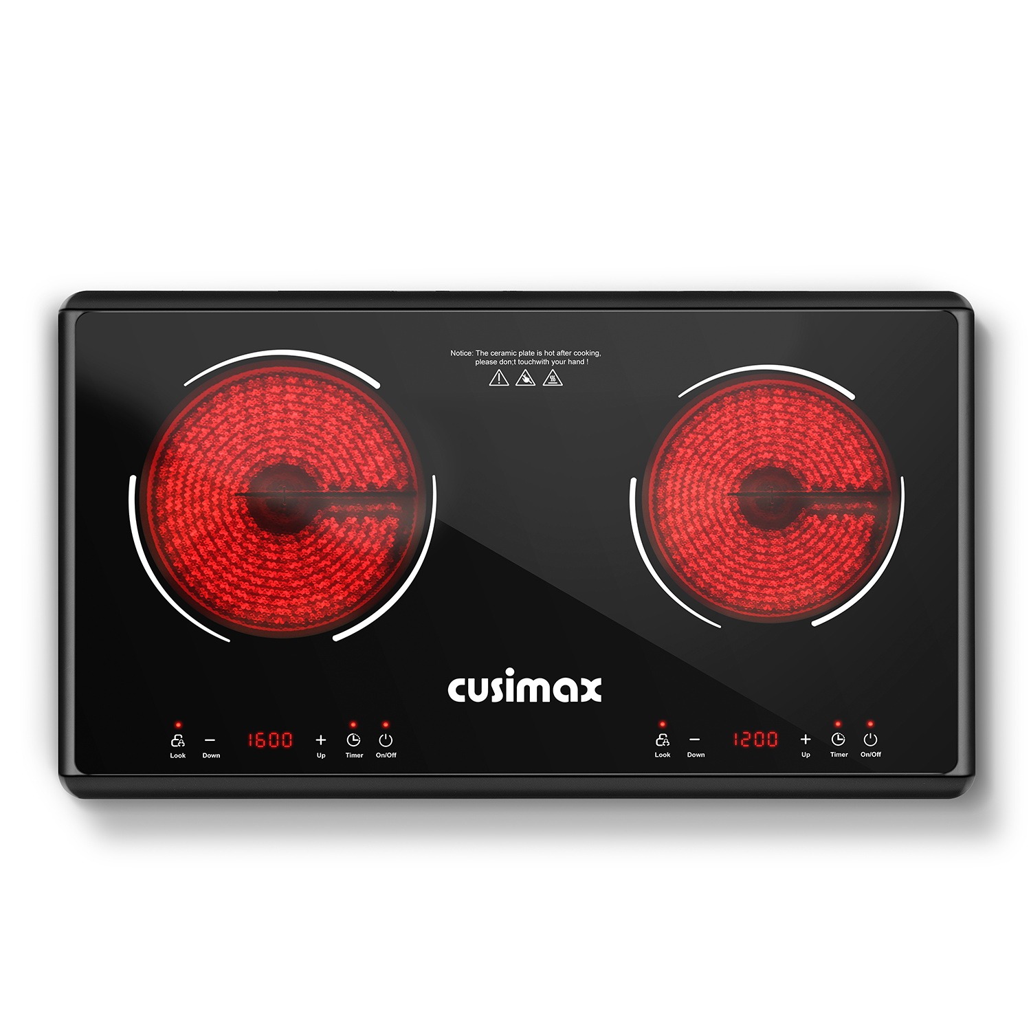 Cusimax Double Infrared Stove, 2800W Ceramic Countertop with 9 Power Levels, Sensor Touch, Timer & Child Safety Lock, Easy-to-Clean Design(UK)