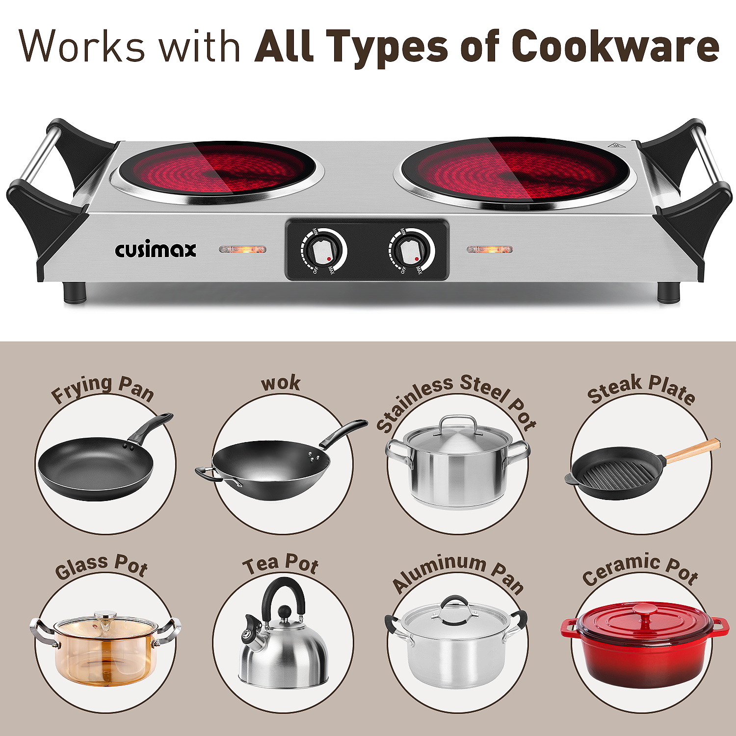 Cusimax 2100W Portable Ceramic Dual Hot Plate with Handle(UK)