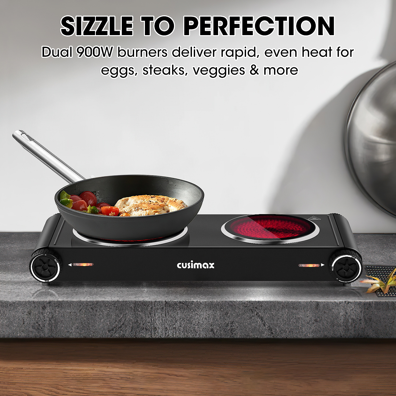 Cusimax 1800W Dual Infrared Cooktop, Portable Electric Stove for Cooking,Ceramic Glass Heating Plate, Concealed Handle,Stainless Steel Base,Easy Clean for Home, Dorm, Office