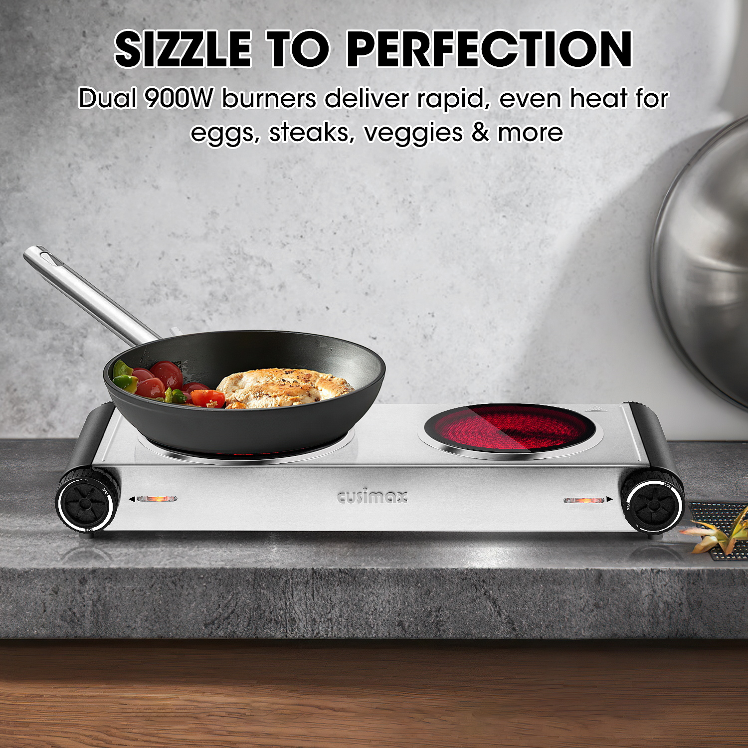 Cusimax 1800W Dual Infrared Cooktop, Portable Electric Stove for Cooking,Ceramic Glass Heating Plate, Concealed Handle,Stainless Steel Base,Easy Clean for Home, Dorm, Office