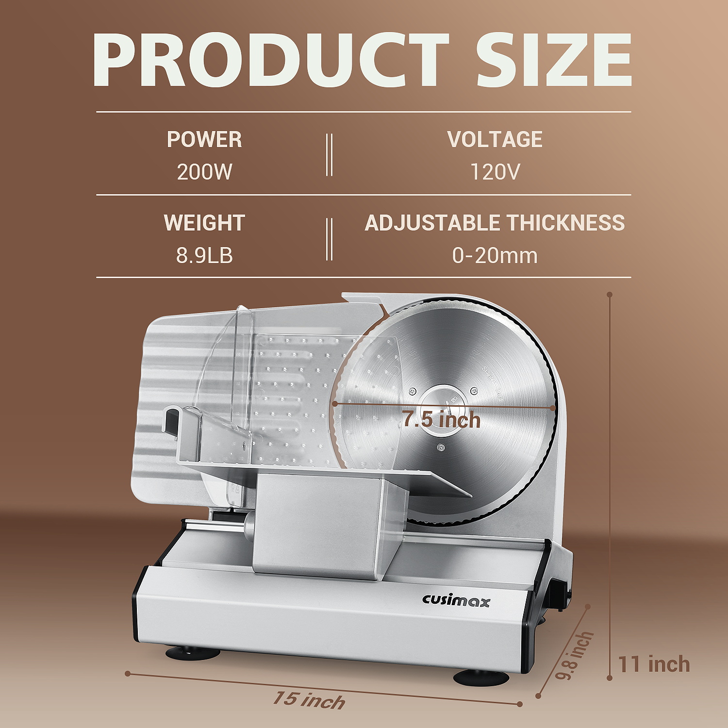 Cusimax Electric Deli Meat Cheese Food Slicer with Removable Food Carriage,2 Removable 7.5''Stainless Steel Blades,1-20mm Adjustable Thickness Meat Slicer for Home,Cut Meat,Cheese,Bread