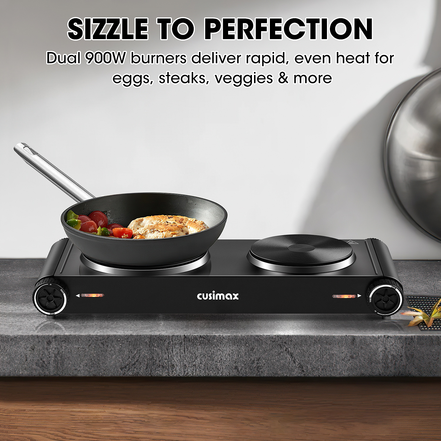 Cusimax 1800W Portable Electric Countertop Double Burner,Stainless Steel Hot Plate Cooktop with 2 Knob Control,Cast Iron Electric Stove for Cooking,Concealed Handle,Upgraded Version