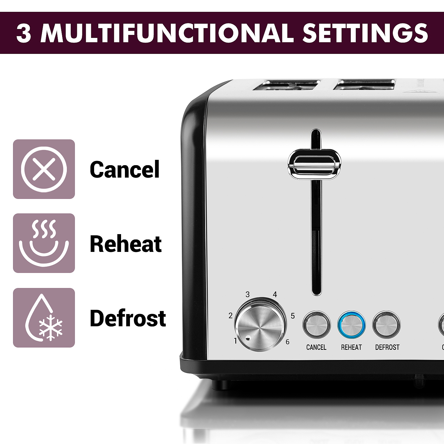 Cusimax Stainless Steel Toaster 4 Slice with Long Extra Wide Slots & Removable Crumb Tray,6 Browning Options,Bagel/Defrost/Cancle Functions,Easy to Clean(UK)