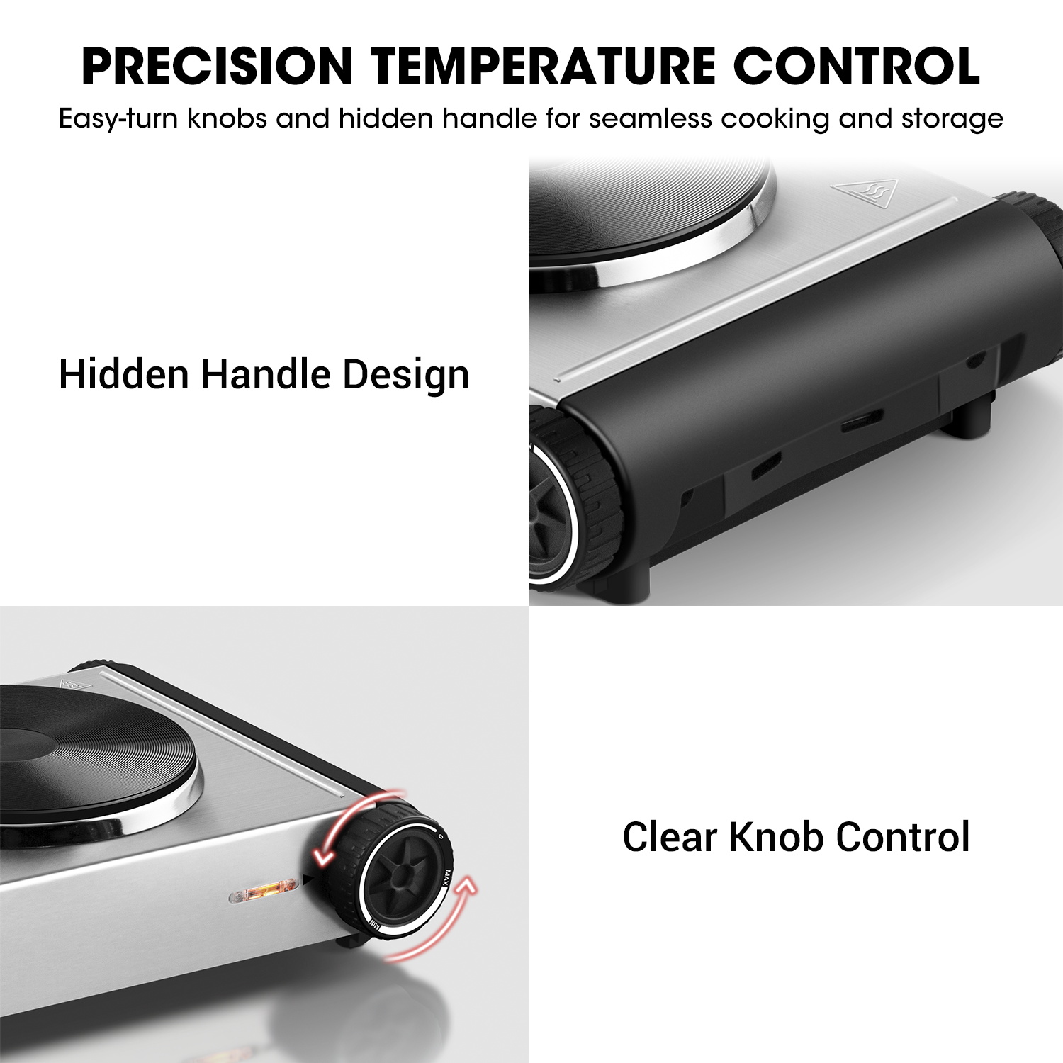 Cusimax Hot Plate,1800W Portable Electric Countertop Double Burner,Cast Iron Stove, Concealed Handle,Temperature Controls, Compatible for All Cookwares,Easy Clean, Upgraded Version