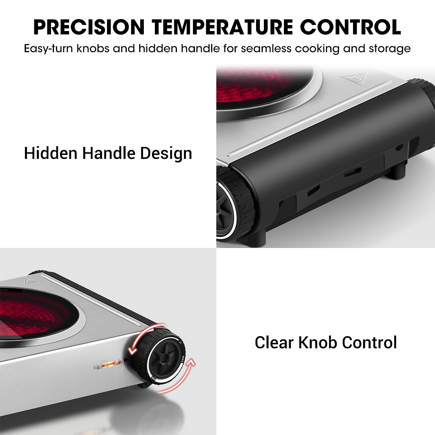 Cusimax 1800W Dual Infrared Cooktop, Portable Electric Stove for Cooking,Ceramic Glass Heating Plate, Concealed Handle,Stainless Steel Base,Easy Clean for Home, Dorm, Office