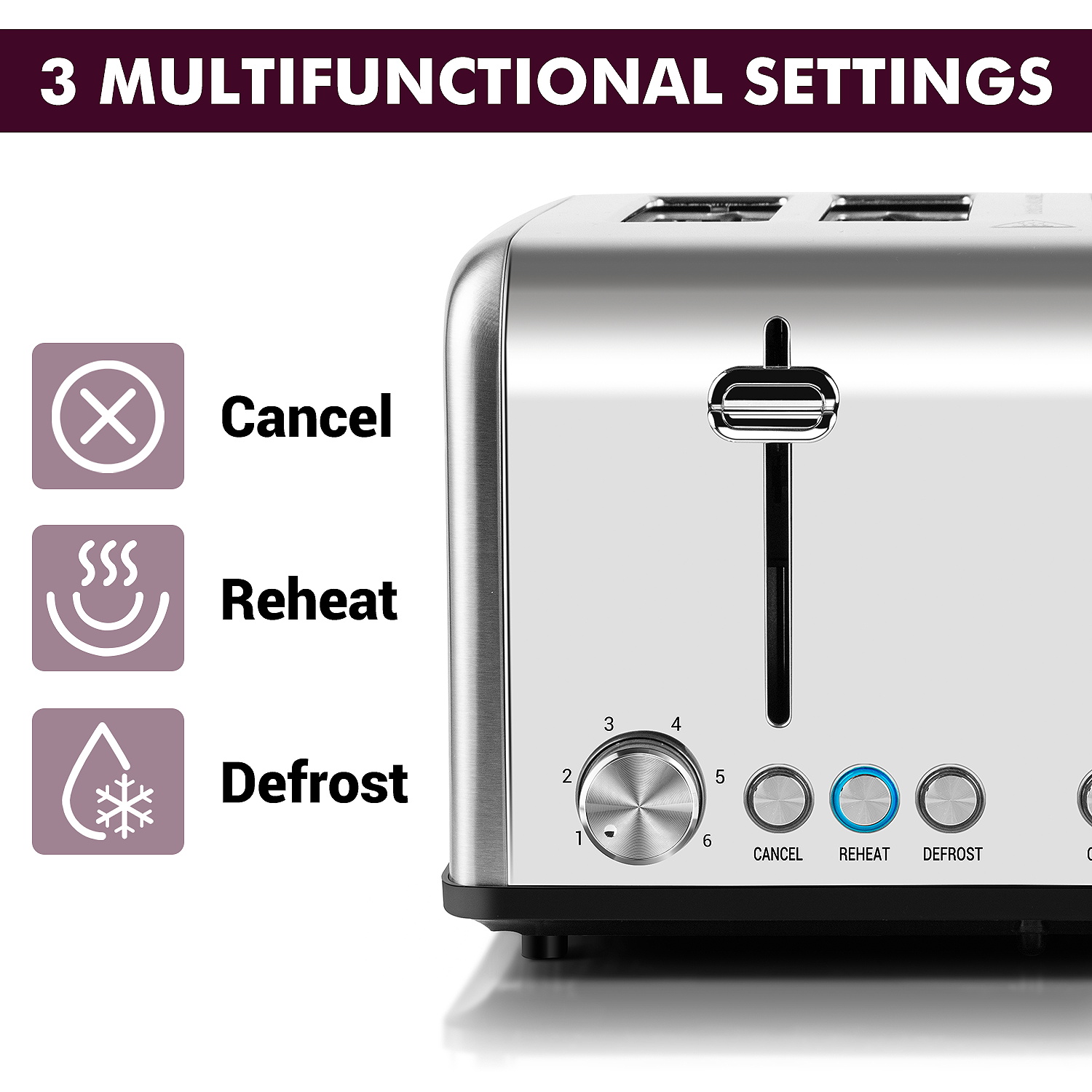 Cusimax Stainless Steel Toaster 4 Slice with Long Extra Wide Slots & Removable Crumb Tray,6 Browning Options,Bagel/Defrost/Cancle Functions,Easy To Clean