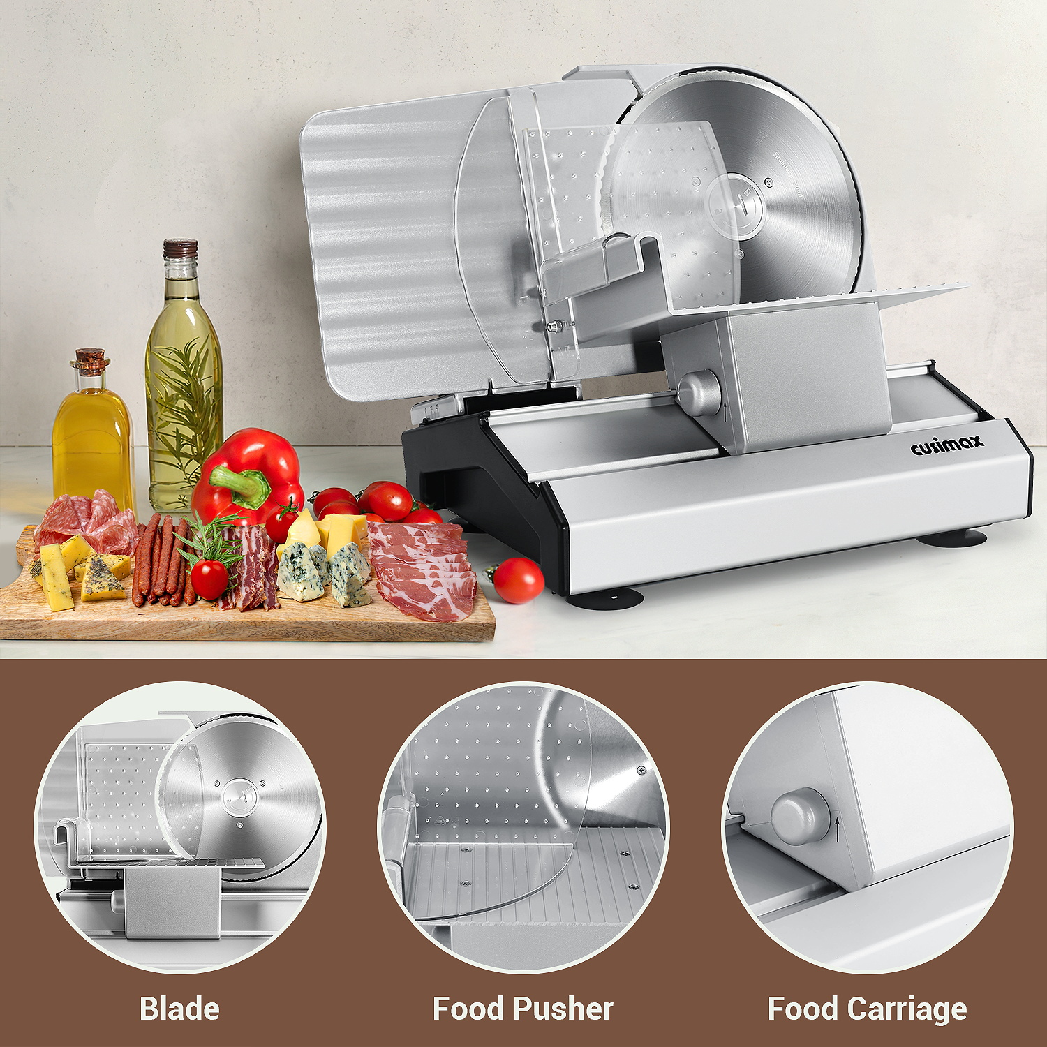 Cusimax Electric Deli Meat Cheese Food Slicer with Removable Food Carriage,2 Removable 7.5''Stainless Steel Blades,1-20mm Adjustable Thickness Meat Slicer for Home,Cut Meat,Cheese,Bread