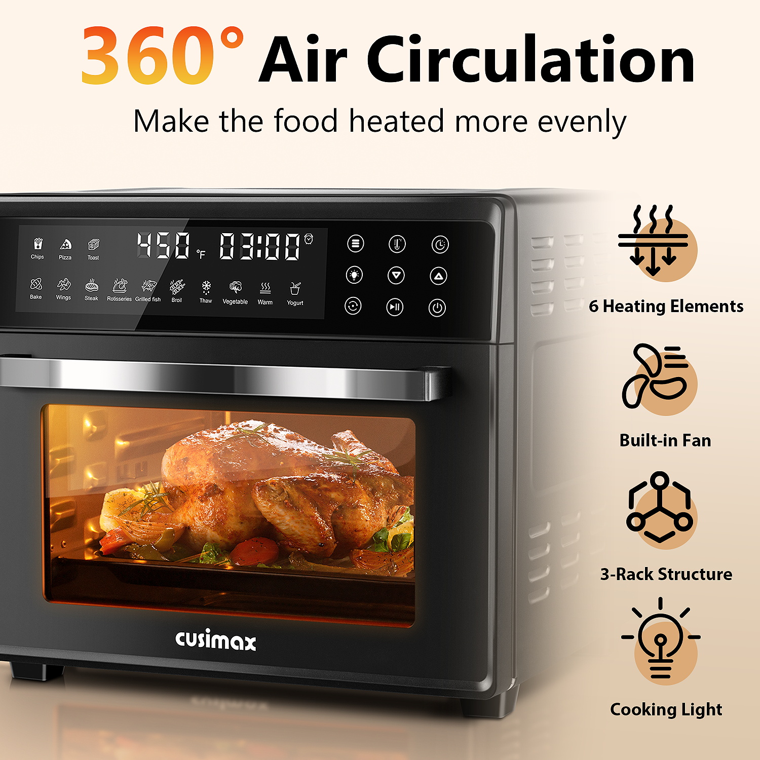 CUSIMAX 24QT Air Fryer Oven Combo, 13-in-1 Convection Toaster Oven with Rotisserie & Dehydrator, Large Countertop Oven with Touch Screen, 12 Accessories – Perfect for Baking, Roasting, Broiling (Black)