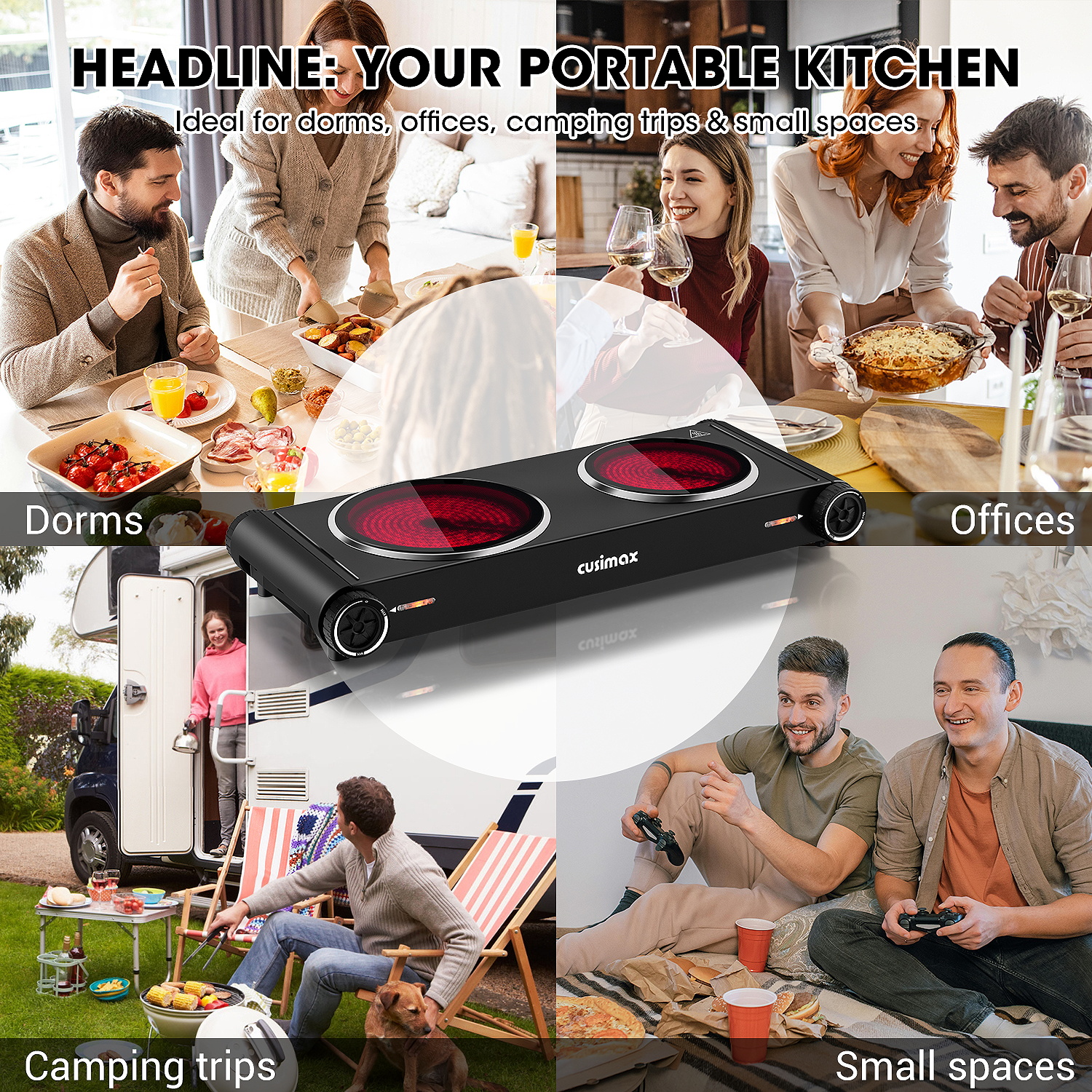 Cusimax 1800W Dual Infrared Cooktop, Portable Electric Stove for Cooking,Ceramic Glass Heating Plate, Concealed Handle,Stainless Steel Base,Easy Clean for Home, Dorm, Office