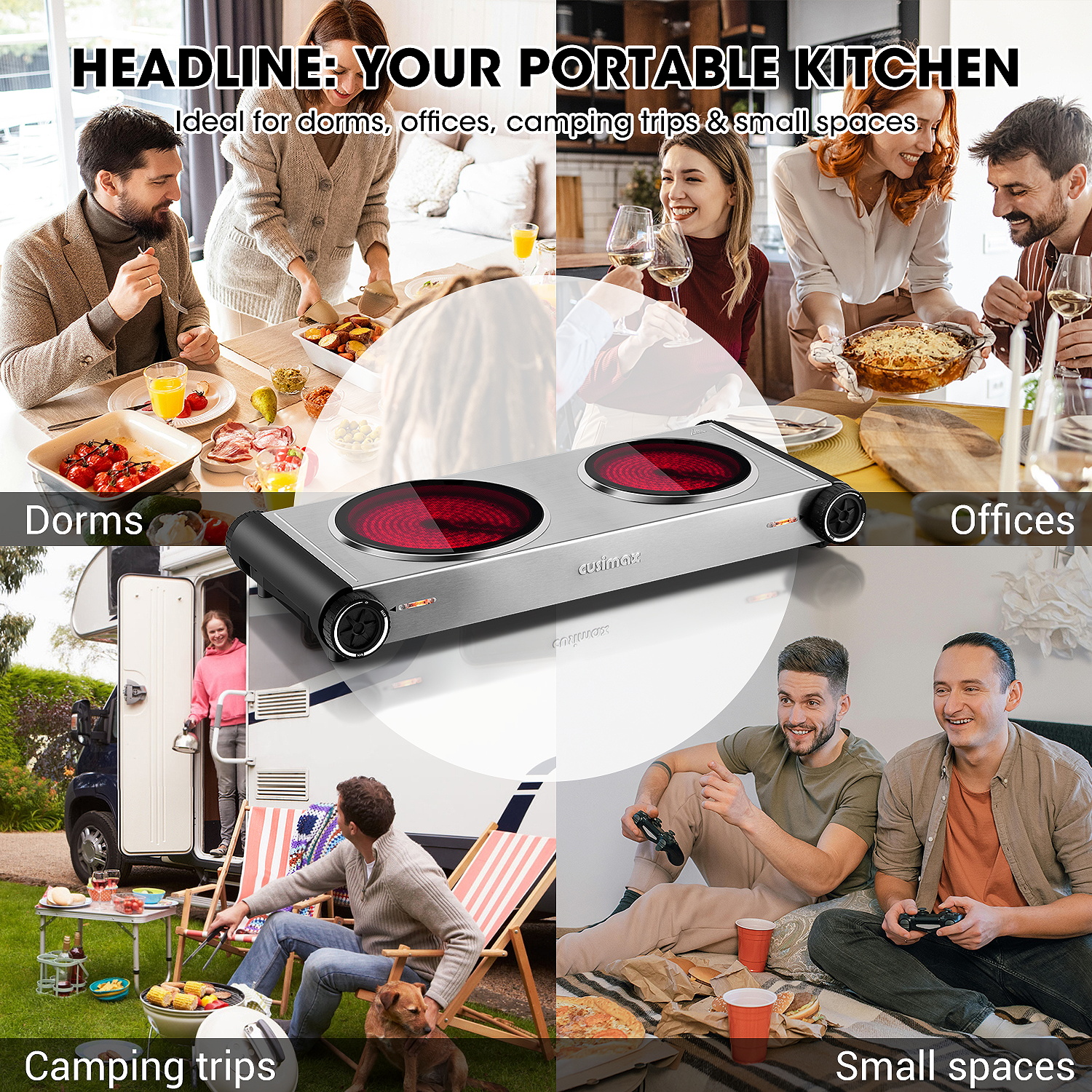 Cusimax 1800W Dual Infrared Cooktop, Portable Electric Stove for Cooking,Ceramic Glass Heating Plate, Concealed Handle,Stainless Steel Base,Easy Clean for Home, Dorm, Office