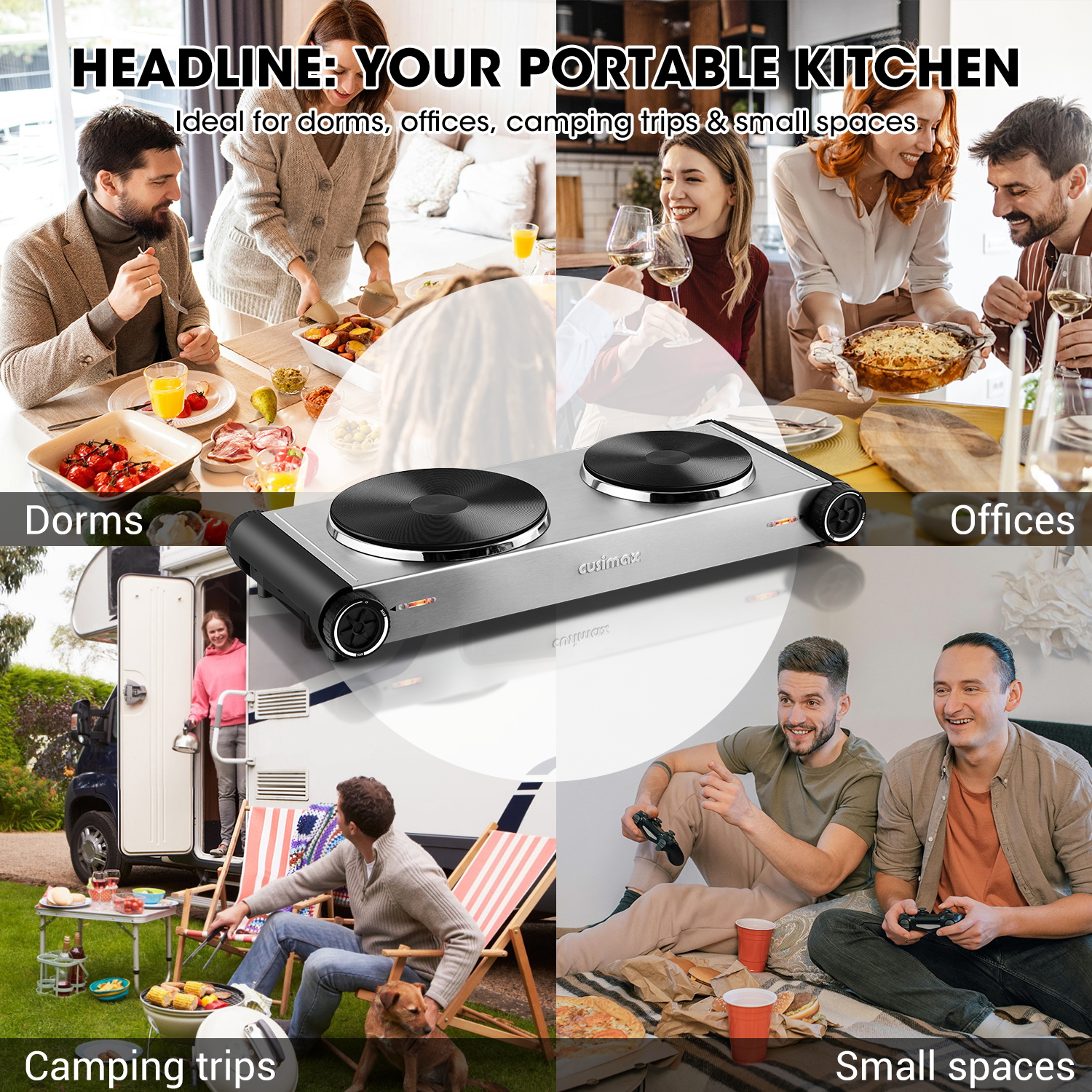 Cusimax Hot Plate,1800W Portable Electric Countertop Double Burner,Cast Iron Stove, Concealed Handle,Temperature Controls, Compatible for All Cookwares,Easy Clean, Upgraded Version