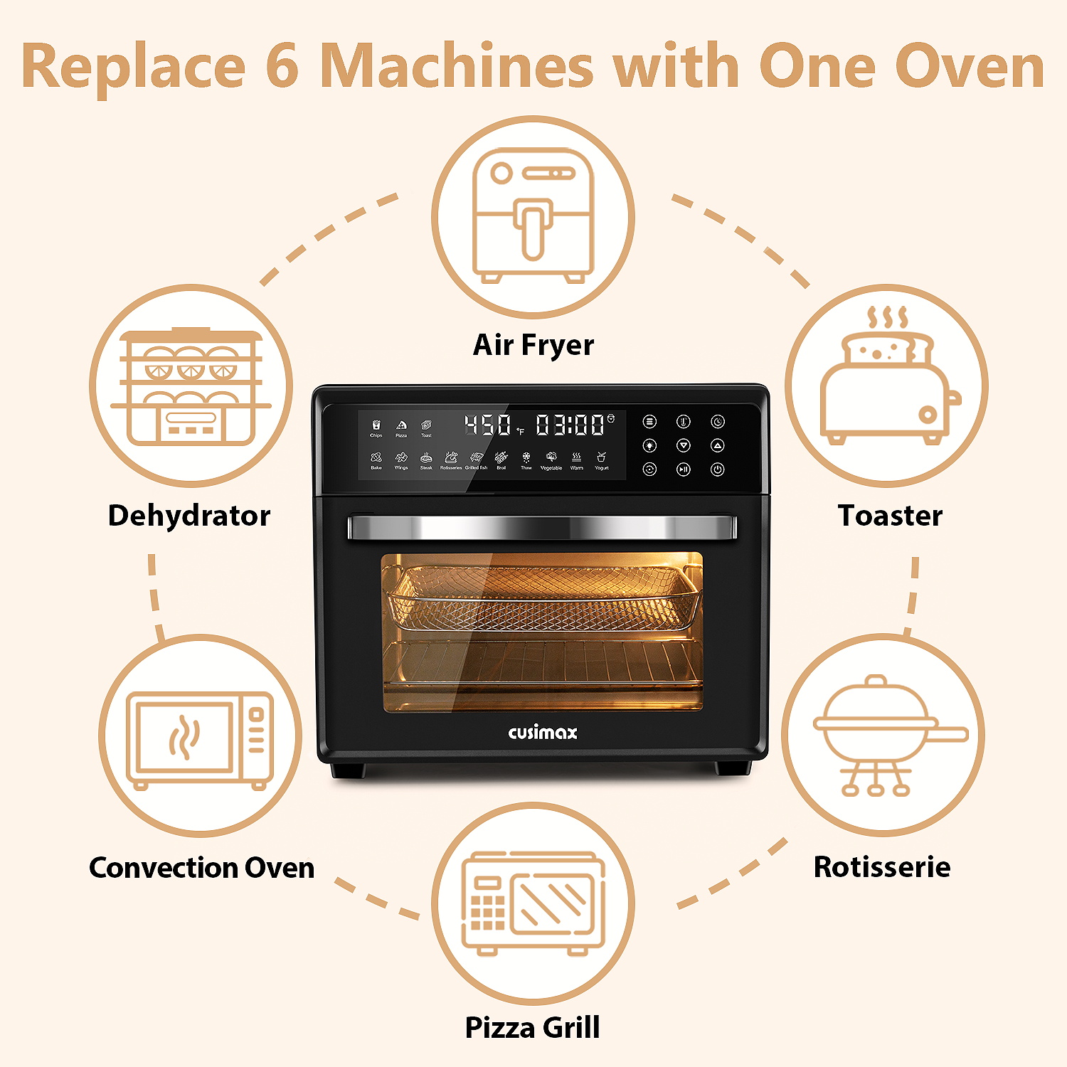CUSIMAX 24QT Air Fryer Oven Combo, 13-in-1 Convection Toaster Oven with Rotisserie & Dehydrator, Large Countertop Oven with Touch Screen, 12 Accessories – Perfect for Baking, Roasting, Broiling (Black)
