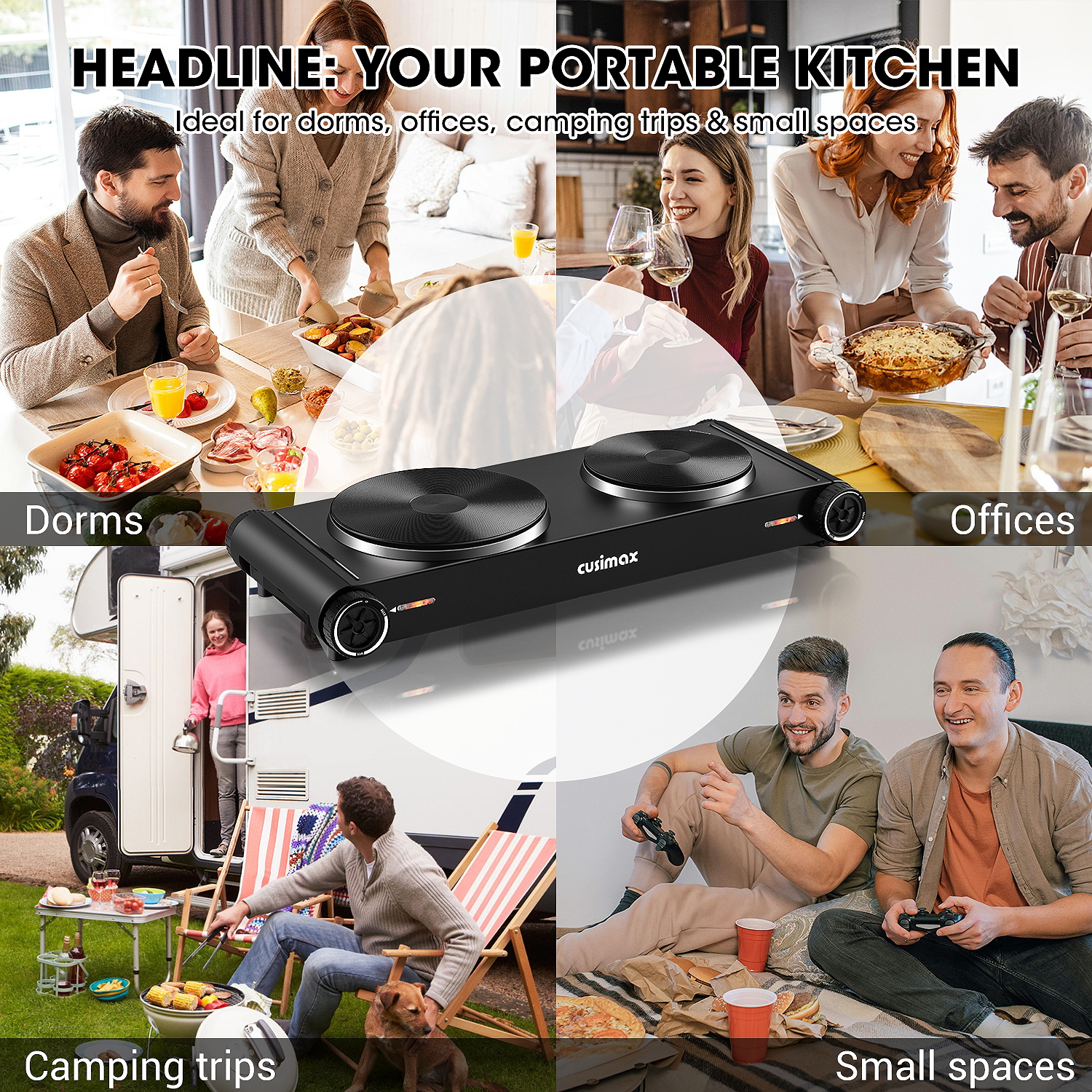 Cusimax 1800W Portable Electric Countertop Double Burner,Stainless Steel Hot Plate Cooktop with 2 Knob Control,Cast Iron Electric Stove for Cooking,Concealed Handle,Upgraded Version