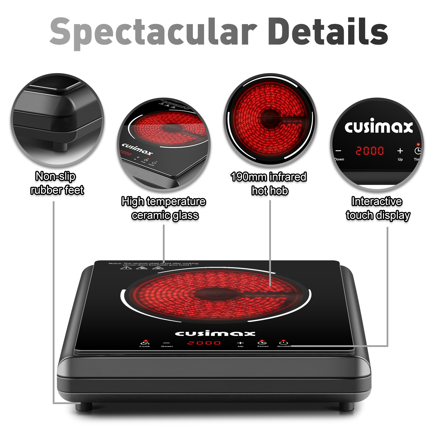 Cusimax Infrared 2000W Hot Plate – Portable Electric Stove with 9 Heat Settings, Ceramic Glass Surface, Sensor Touch, Safety Lock & Timer, Works with All Cookware(UK)