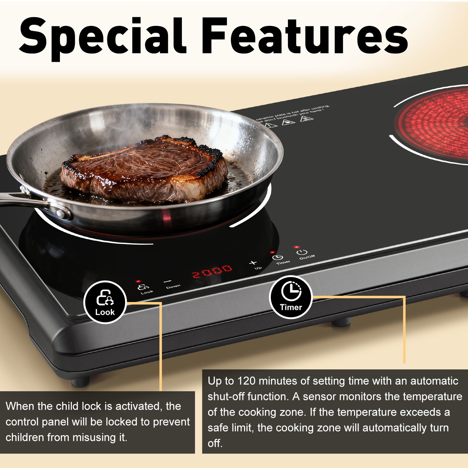 CUSIMAX 1800W Double Infrared Electric Stove - 9-Level Sensor Touch Hot Plate with Safety Lock & Timer, Easy-Clean Ceramic Countertop Burner