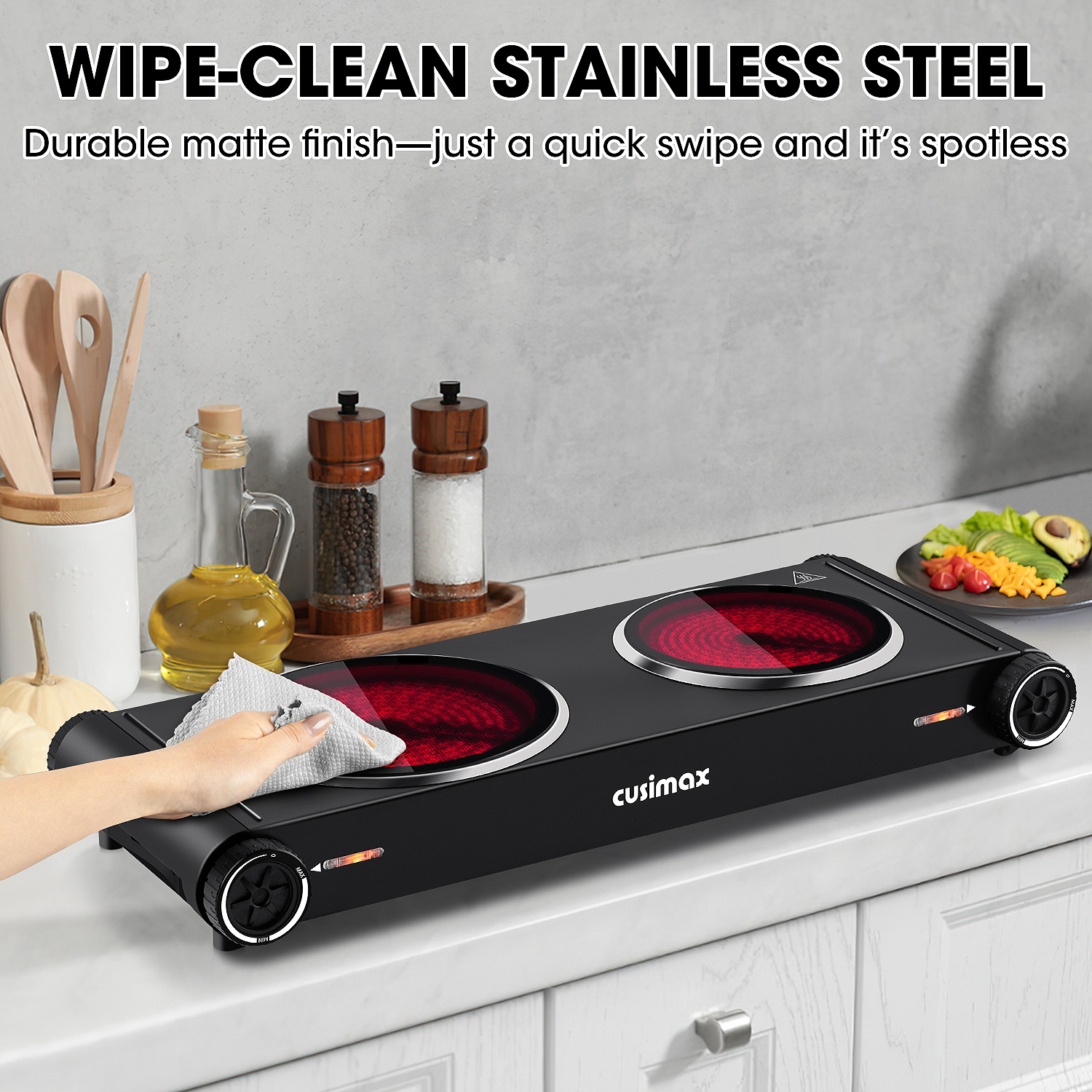 Cusimax 1800W Dual Infrared Cooktop, Portable Electric Stove for Cooking,Ceramic Glass Heating Plate, Concealed Handle,Stainless Steel Base,Easy Clean for Home, Dorm, Office