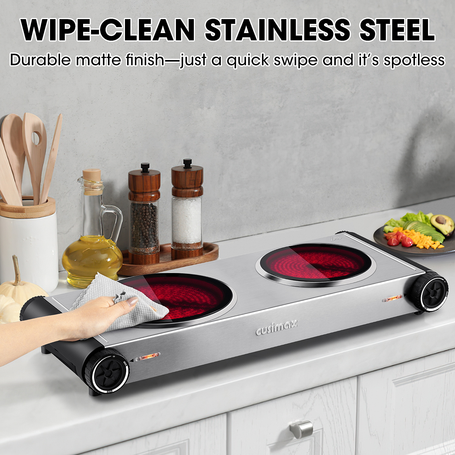 Cusimax 1800W Dual Infrared Cooktop, Portable Electric Stove for Cooking,Ceramic Glass Heating Plate, Concealed Handle,Stainless Steel Base,Easy Clean for Home, Dorm, Office