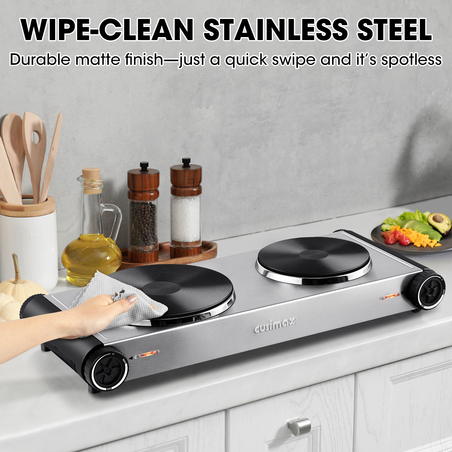 Cusimax Hot Plate,1800W Portable Electric Countertop Double Burner,Cast Iron Stove, Concealed Handle,Temperature Controls, Compatible for All Cookwares,Easy Clean, Upgraded Version