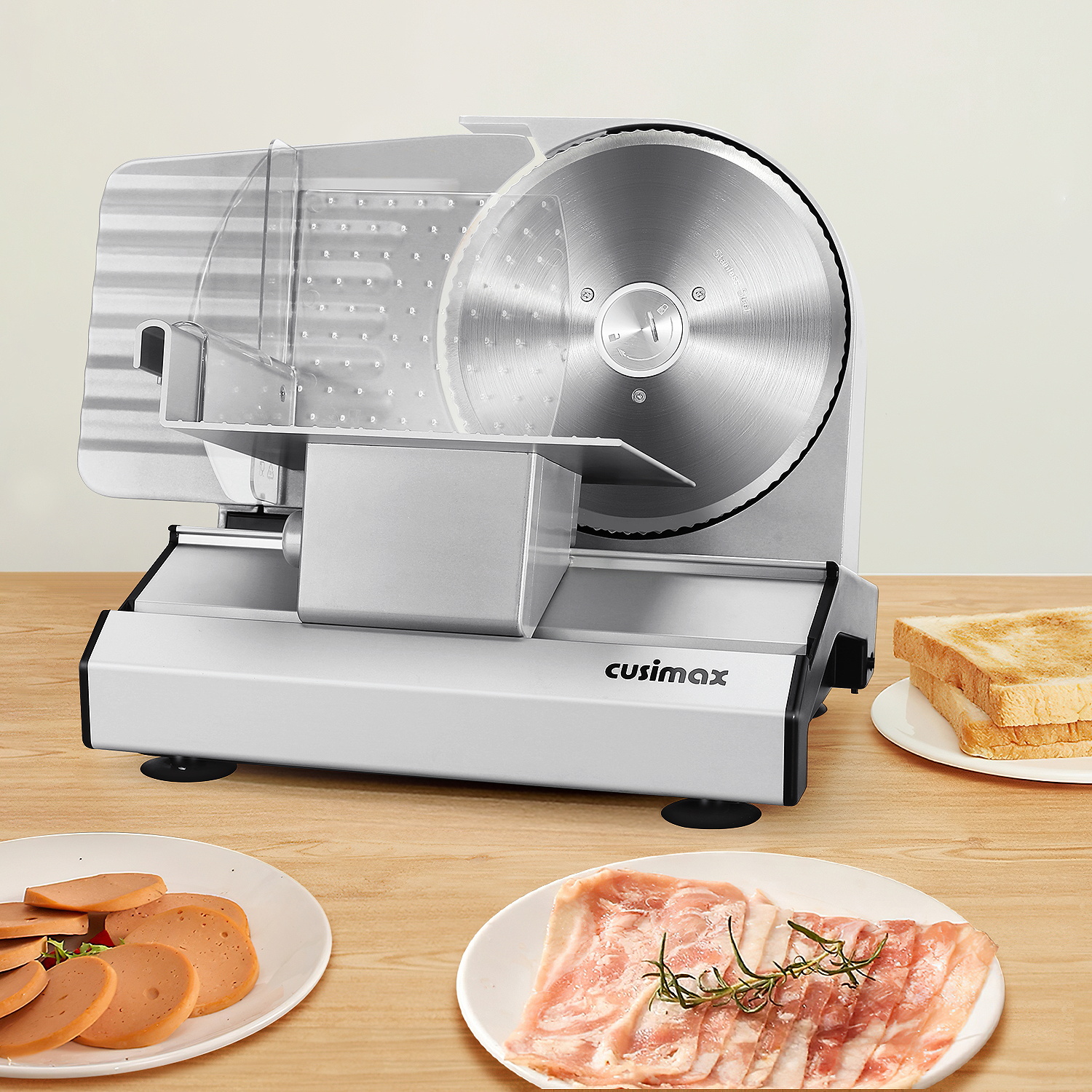 Cusimax Electric Deli Meat Cheese Food Slicer with Removable Food Carriage,2 Removable 7.5''Stainless Steel Blades,1-20mm Adjustable Thickness Meat Slicer for Home,Cut Meat,Cheese,Bread