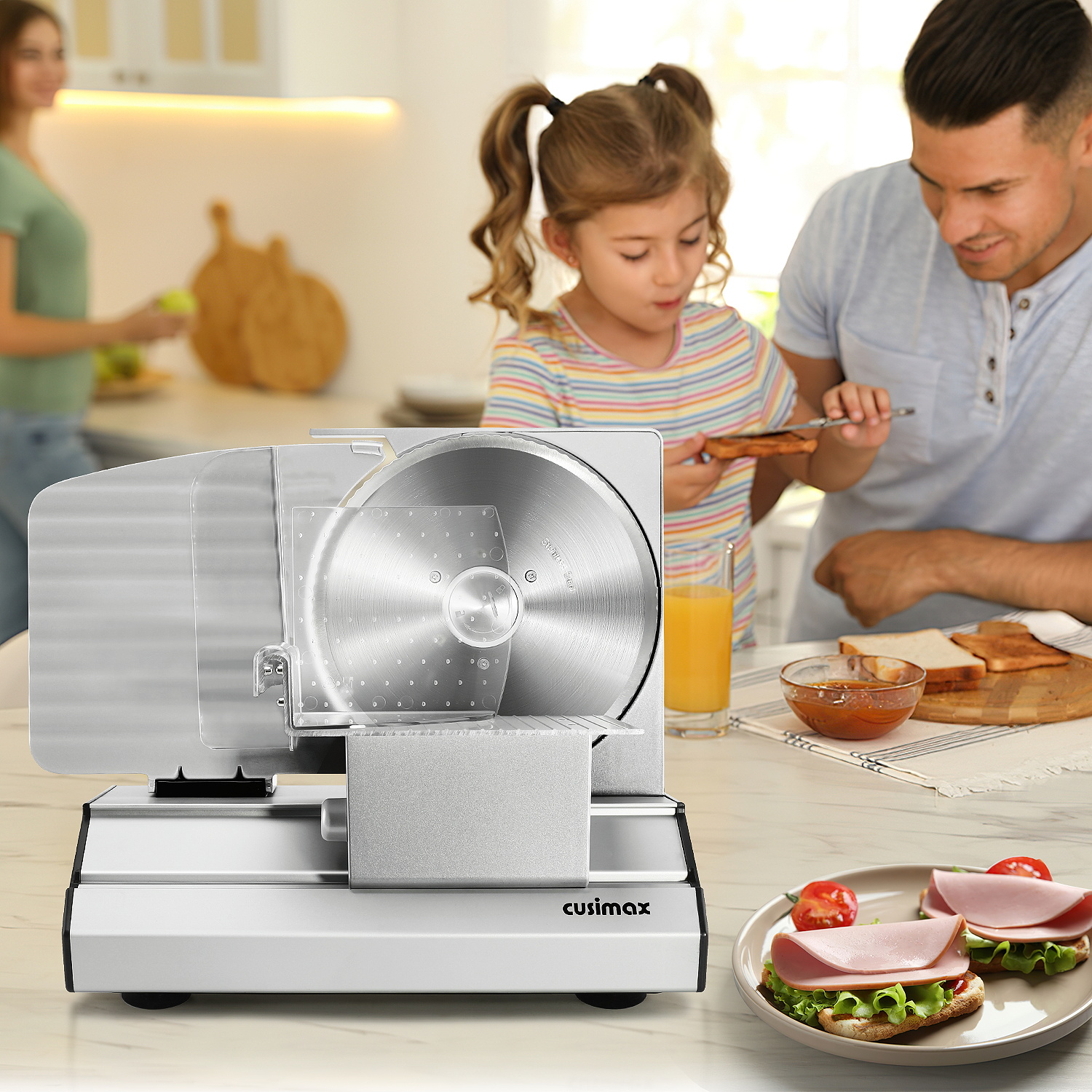 Cusimax Electric Deli Meat Slicer with 2 Removable 8.7''Stainless Steel Blades,Removable Food Carriage,1-20mm Adjustable Thickness Food Slicer for Home,Easy for Cut Meat,Cheese,Bread