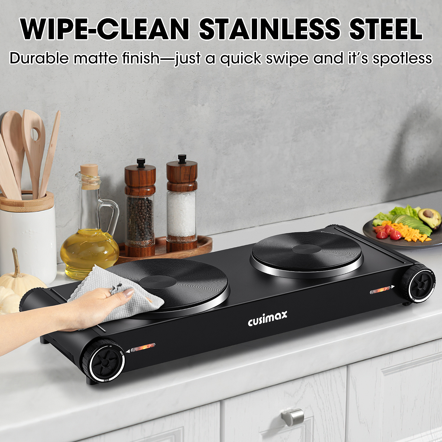 Cusimax 1800W Portable Electric Countertop Double Burner,Stainless Steel Hot Plate Cooktop with 2 Knob Control,Cast Iron Electric Stove for Cooking,Concealed Handle,Upgraded Version