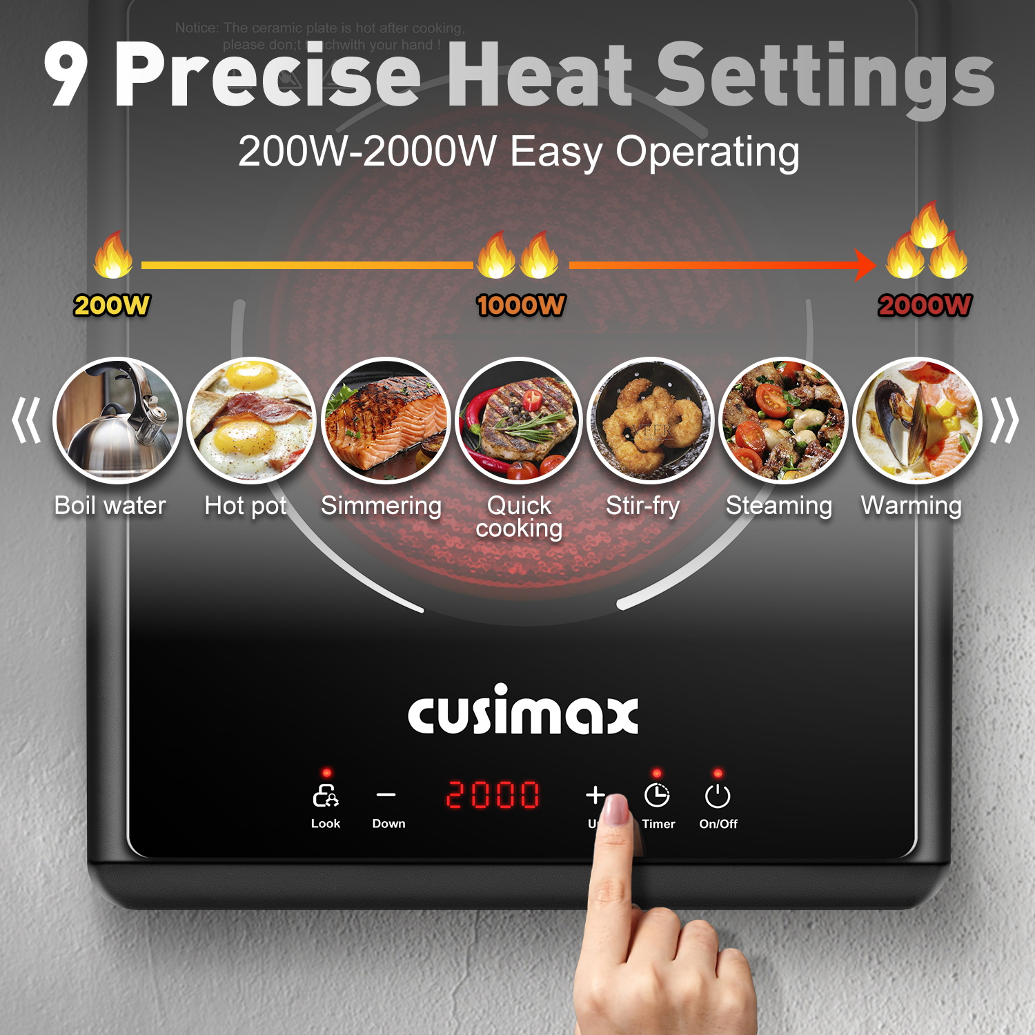 Cusimax Infrared 2000W Hot Plate – Portable Electric Stove with 9 Heat Settings, Ceramic Glass Surface, Sensor Touch, Safety Lock & Timer, Works with All Cookware(UK)