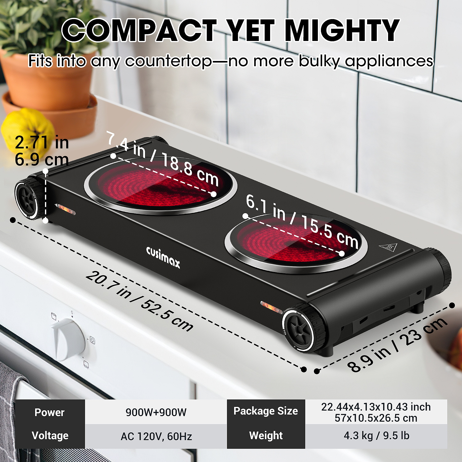 Cusimax 1800W Dual Infrared Cooktop, Portable Electric Stove for Cooking,Ceramic Glass Heating Plate, Concealed Handle,Stainless Steel Base,Easy Clean for Home, Dorm, Office