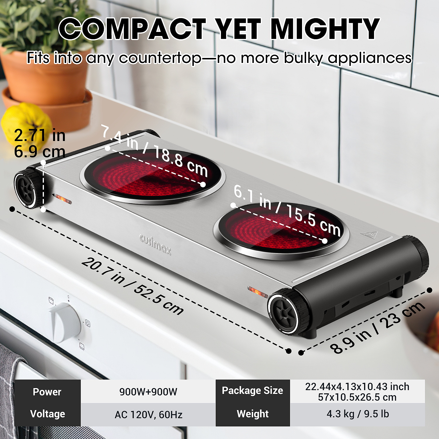 Cusimax 1800W Dual Infrared Cooktop, Portable Electric Stove for Cooking,Ceramic Glass Heating Plate, Concealed Handle,Stainless Steel Base,Easy Clean for Home, Dorm, Office