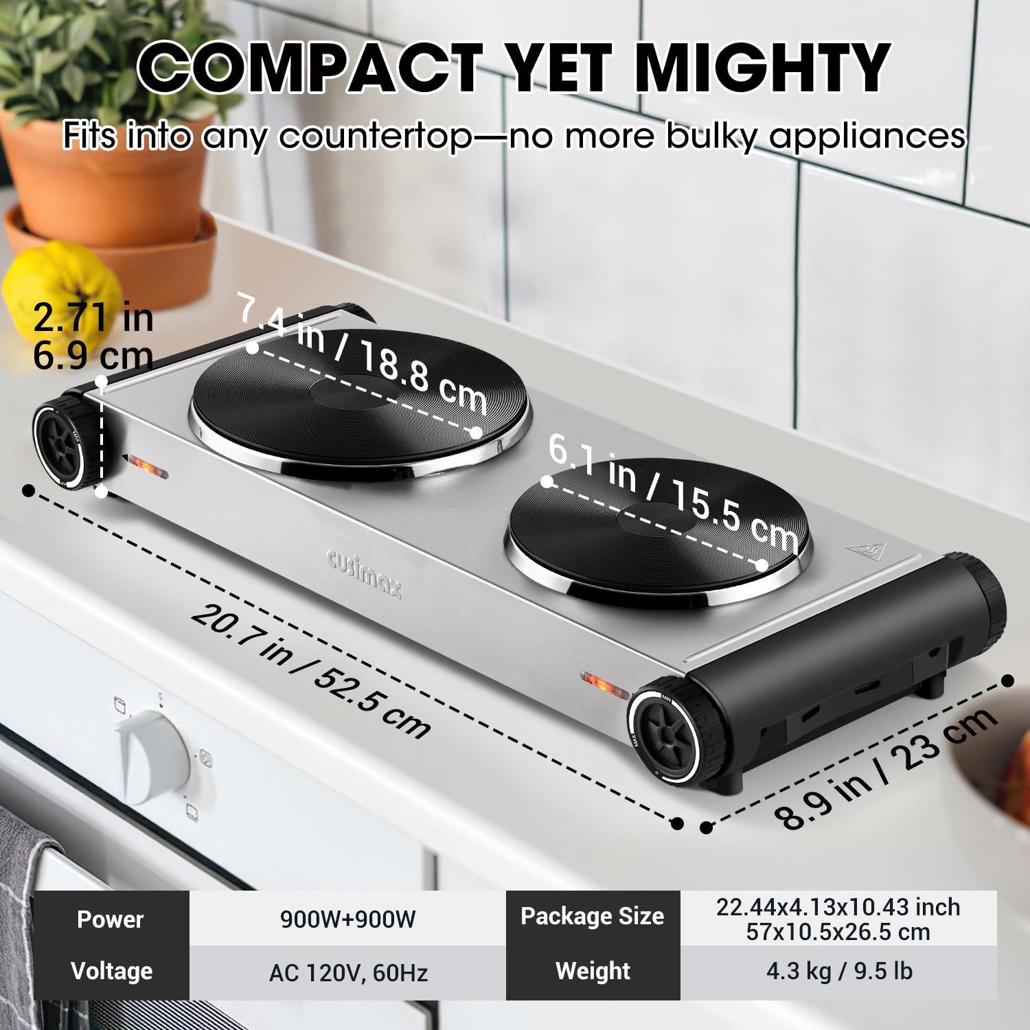 Cusimax Hot Plate,1800W Portable Electric Countertop Double Burner,Cast Iron Stove, Concealed Handle,Temperature Controls, Compatible for All Cookwares,Easy Clean, Upgraded Version