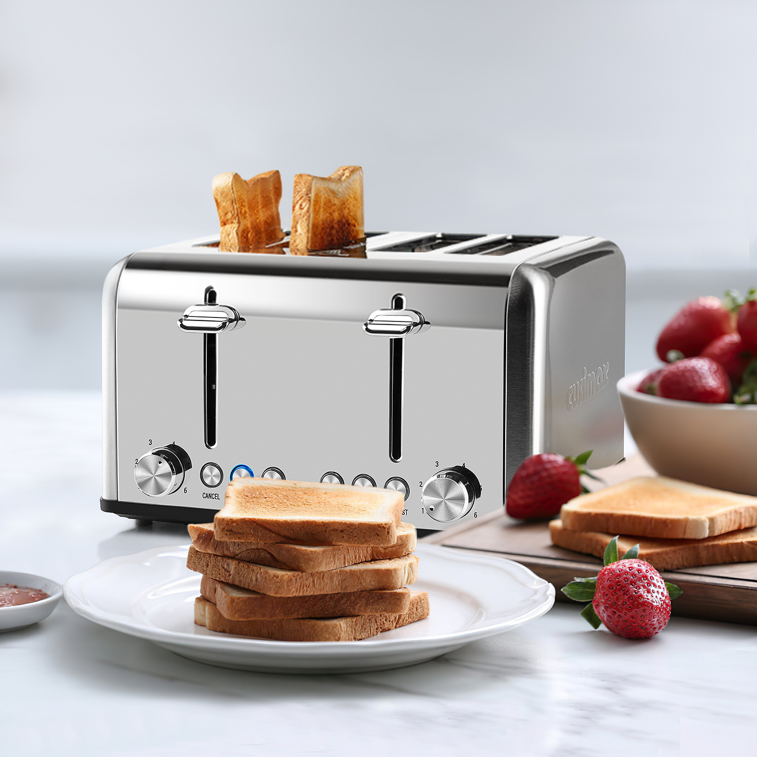 Cusimax Stainless Steel Toaster 4 Slice with Long Extra Wide Slots & Removable Crumb Tray,6 Browning Options,Bagel/Defrost/Cancle Functions,Easy To Clean