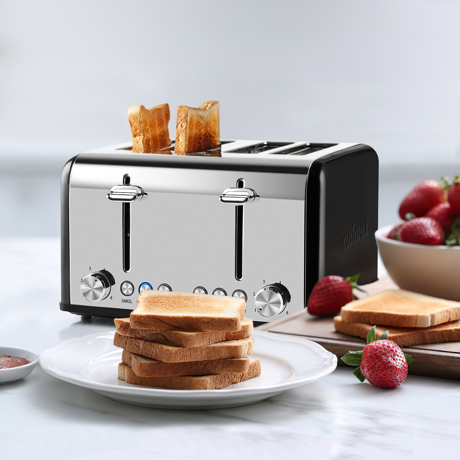 Cusimax Stainless Steel Toaster 4 Slice with Long Extra Wide Slots & Removable Crumb Tray,6 Browning Options,Bagel/Defrost/Cancle Functions,Easy to Clean(UK)