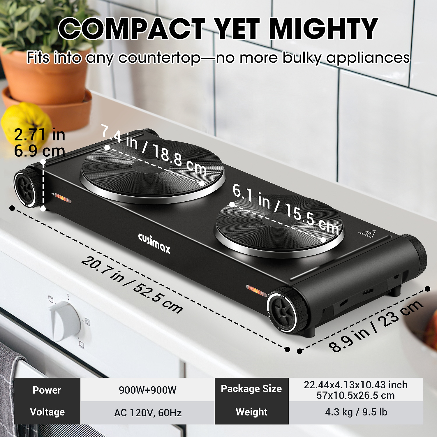 Cusimax 1800W Portable Electric Countertop Double Burner,Stainless Steel Hot Plate Cooktop with 2 Knob Control,Cast Iron Electric Stove for Cooking,Concealed Handle,Upgraded Version