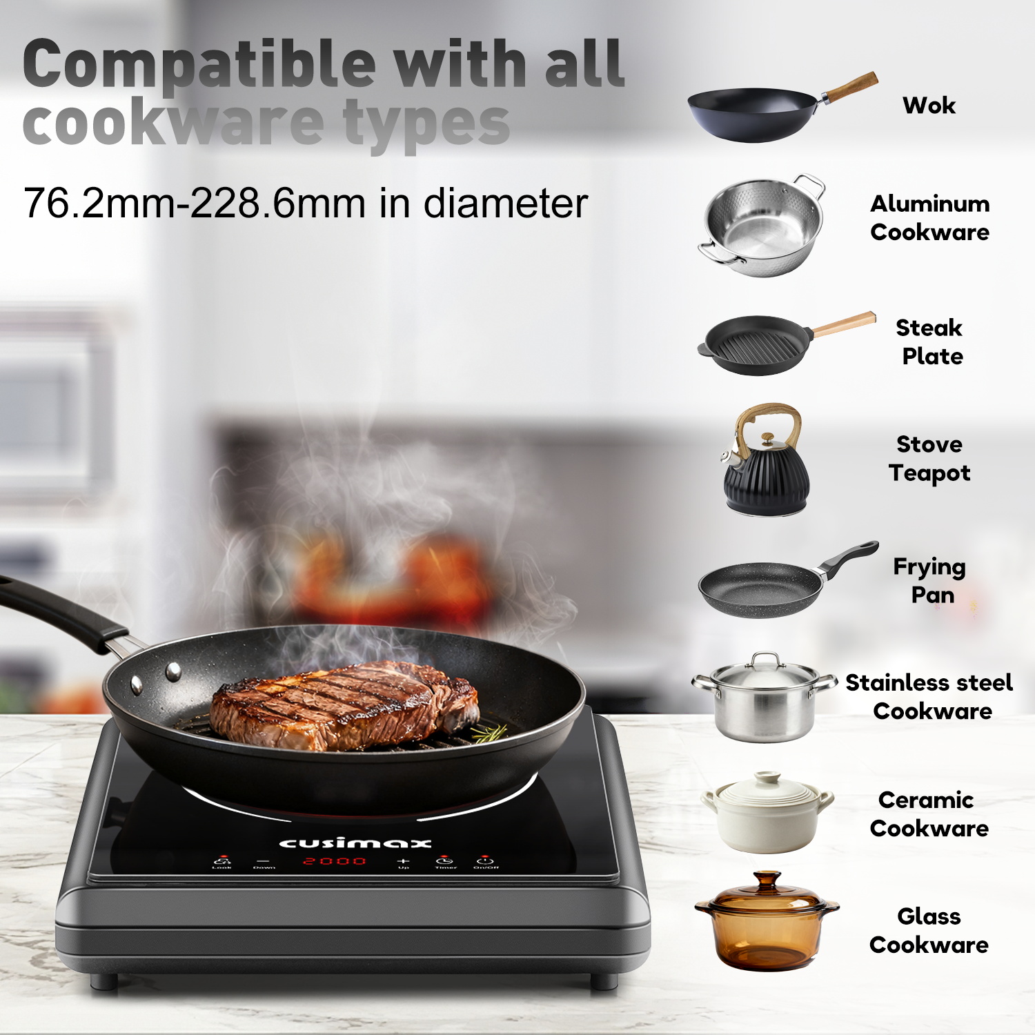 Cusimax Infrared 2000W Hot Plate – Portable Electric Stove with 9 Heat Settings, Ceramic Glass Surface, Sensor Touch, Safety Lock & Timer, Works with All Cookware(UK)