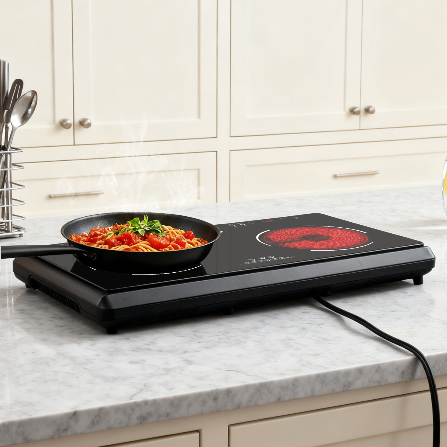 CUSIMAX 1800W Double Infrared Electric Stove - 9-Level Sensor Touch Hot Plate with Safety Lock & Timer, Easy-Clean Ceramic Countertop Burner